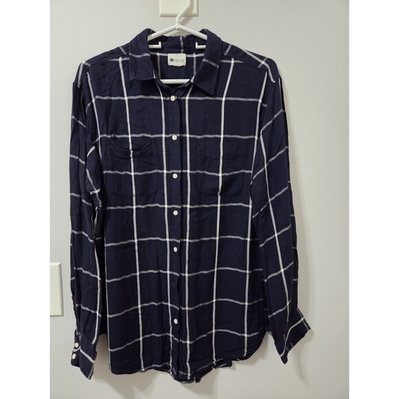 Stylus Tops - Stylus Shirt Women's Large Navy Blue Plaid Button Up Preppy Blouse Top